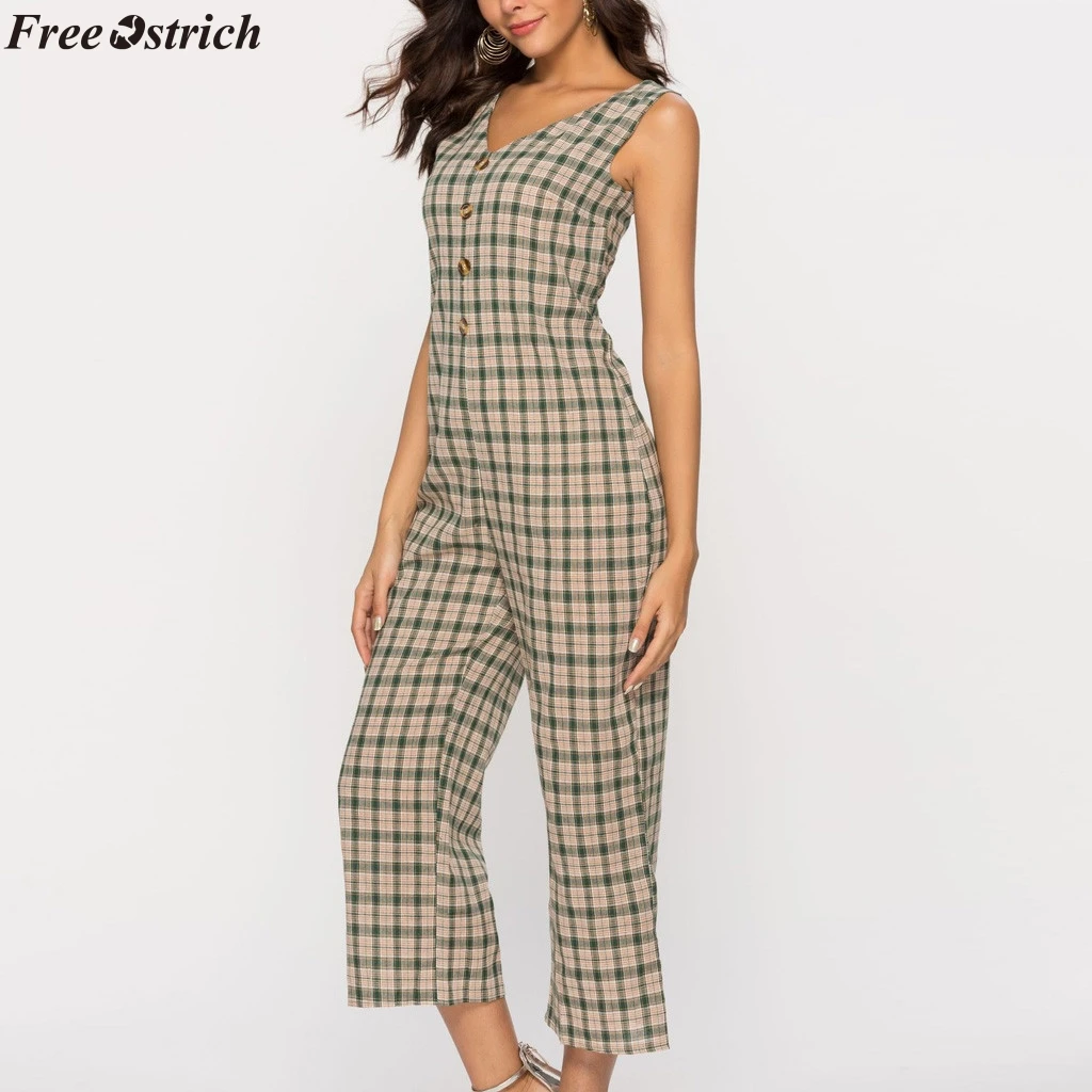 Бесплатная Страусиные женские модные клетчатые Длинные Комбинезоны с v образным
