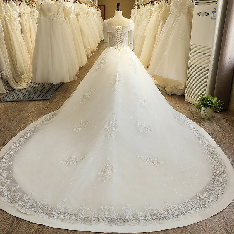 H613T шикарные кружевные атласные Дешевые Свадебные платья с открытыми плечами и