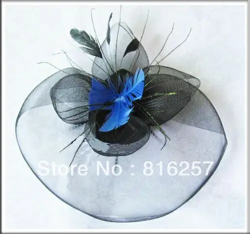 Винтажная черная сетчатая Фата Королевского синего цвета модная шляпа с перьями