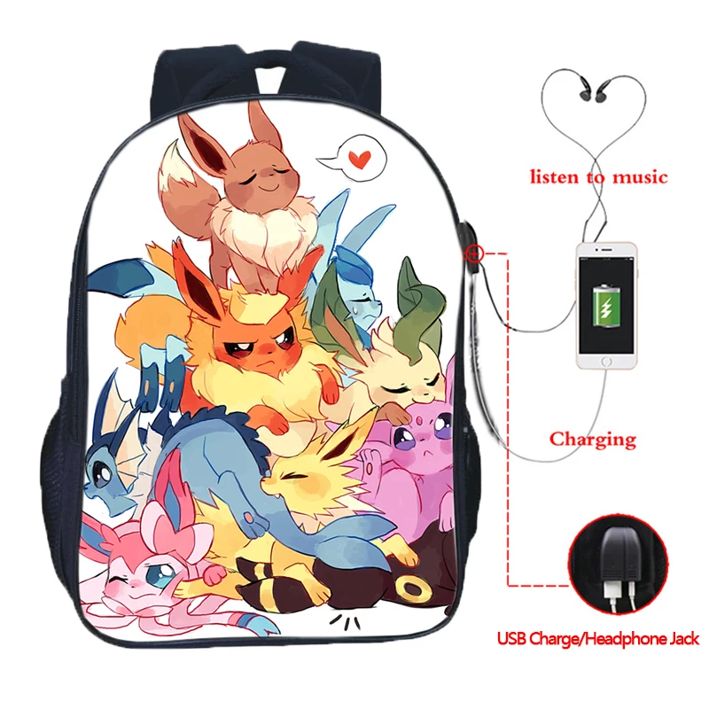 Pokemon GO USB зарядка школьная сумка Пикачу для мальчиков и девочек школьная сумка Eevee usb зарядка школьный рюкзак модный рюкзак с покемоном Gengar