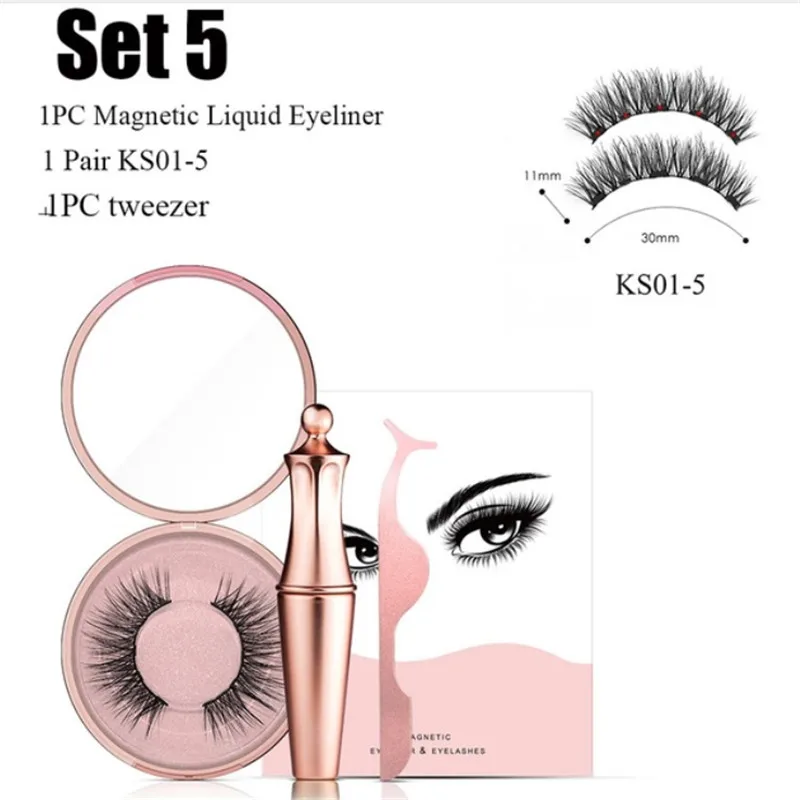 KS01-5 Set5 Новинка, магнитные ресницы и магнитная подводка для глаз, пинцет, набор, ручная работа, 3D накладные ресницы, ресницы, Водостойкая Подводка для глаз - Цвет: KS01-5 Set5