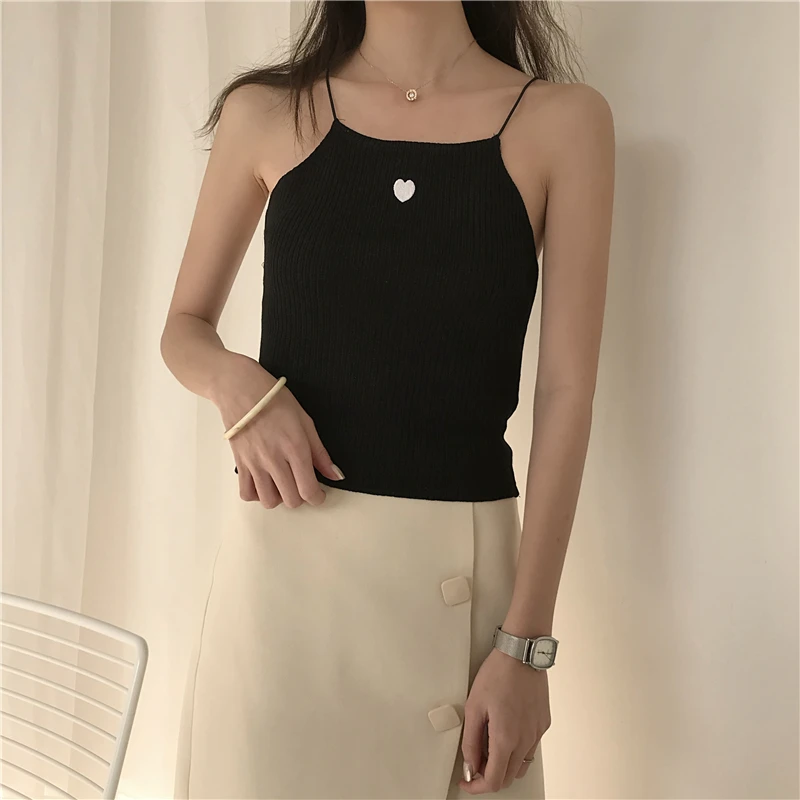

Sweet Love Embroidery Sleeveless Chic Women Camisoles Summer Casual Backless Knitted Tank Top