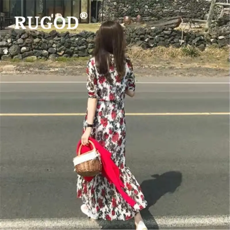 Женское платье с цветочным принтом RUGOD Вечернее приталенное v-образным вырезом на