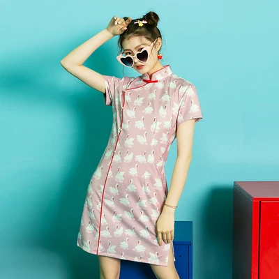 SWEETXUE мультфильм ретро молодой Cheongsam модифицированное мини платье Лето слон печати короткий рукав, разрез Молодежные платья - Цвет: Photo Color