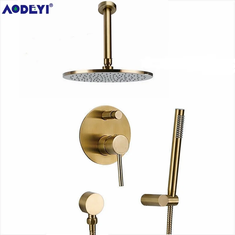 solid brass brushed gold bathroom shower set rianfall shower head showers faucet wall mounted shower arm mixer water set free global shipping