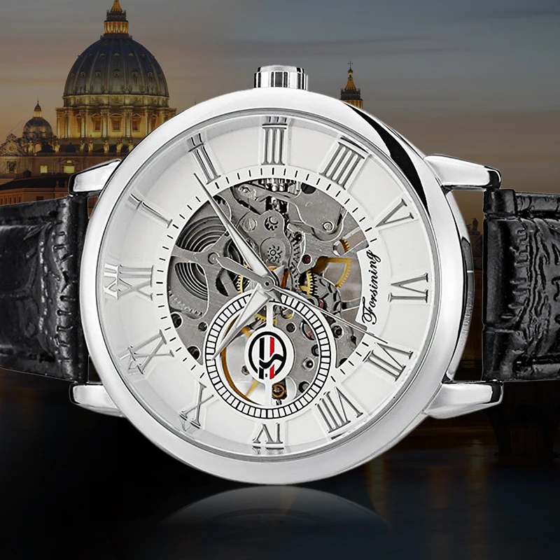 Forsining Марка Серебро Цвет Циферблат Скелет Часы Montre Homme сплав чехол кожаный