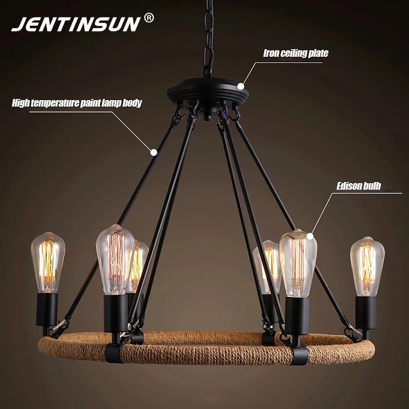 LOFT ретро промышленности пеньковая веревка LED Люстра для Кафе Ресторан Бар