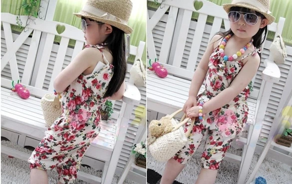 2014 New Children Jumpsuit/Girls Toddler Rompers/Short Playsuit/Kids Summer Floral Soft One-piece Clothing White&ampBlue B2 16339 | Мать и