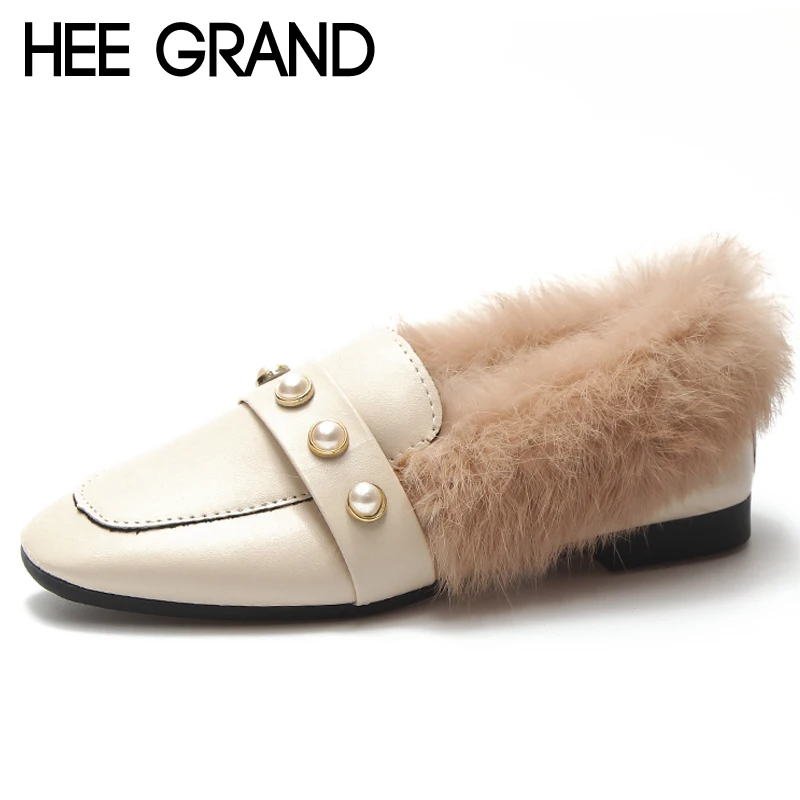 HEE GRAND/Зимние ботильоны с жемчугом женские теплые модные на платформе закрытым