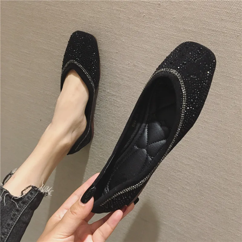 

CEYANEAO Fashionable women's shoes with a flat sole; casual shoes with flat toe with square toe, decorated with rhinestones