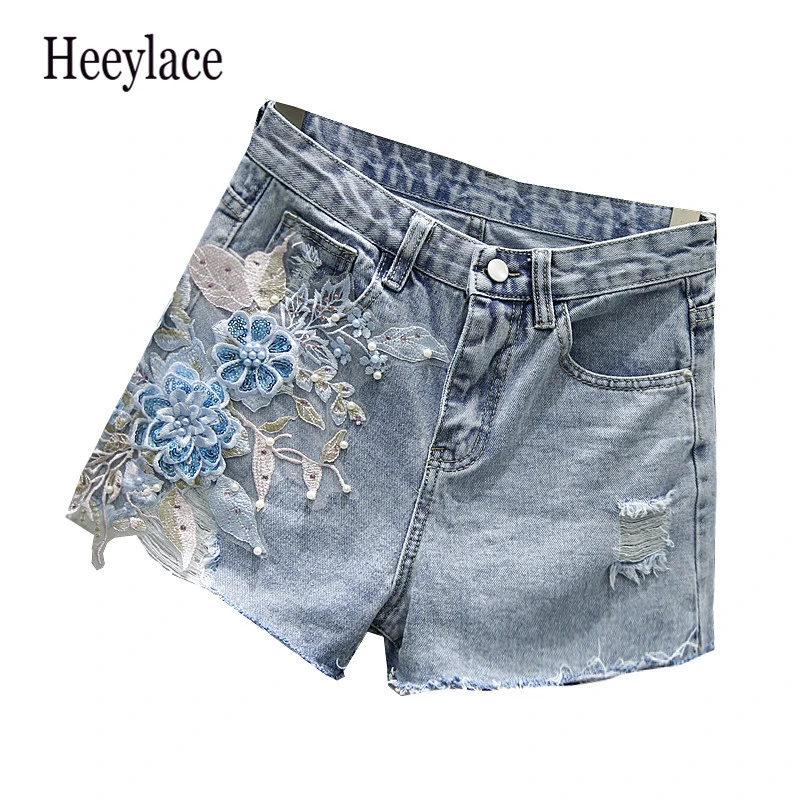 Рваные джинсовые шорты с 3D цветочным рисунком высокая талия 2019 женские вышивкой