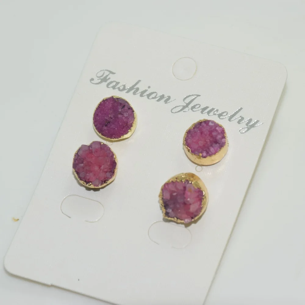 Женские круглые серьги гвоздики geode druzy розовый кристаллический кварц с золотым