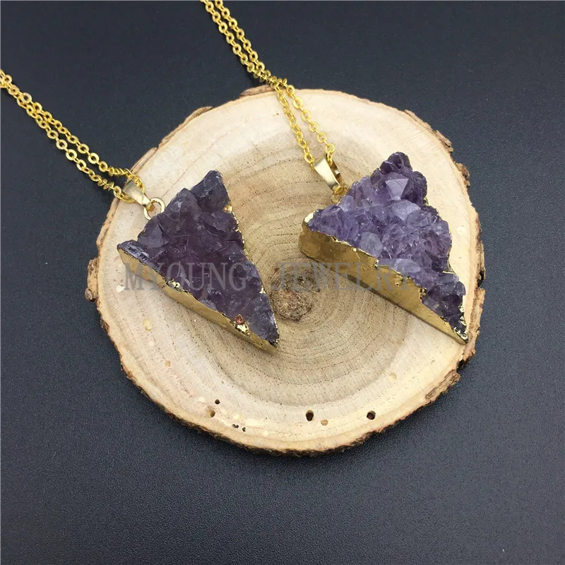 

MY0863 Triangle Purple Crystal Druzy Stalactite Slice Pendant Amethysts Cluster Connector Necklace With Gold Color Chain kolye