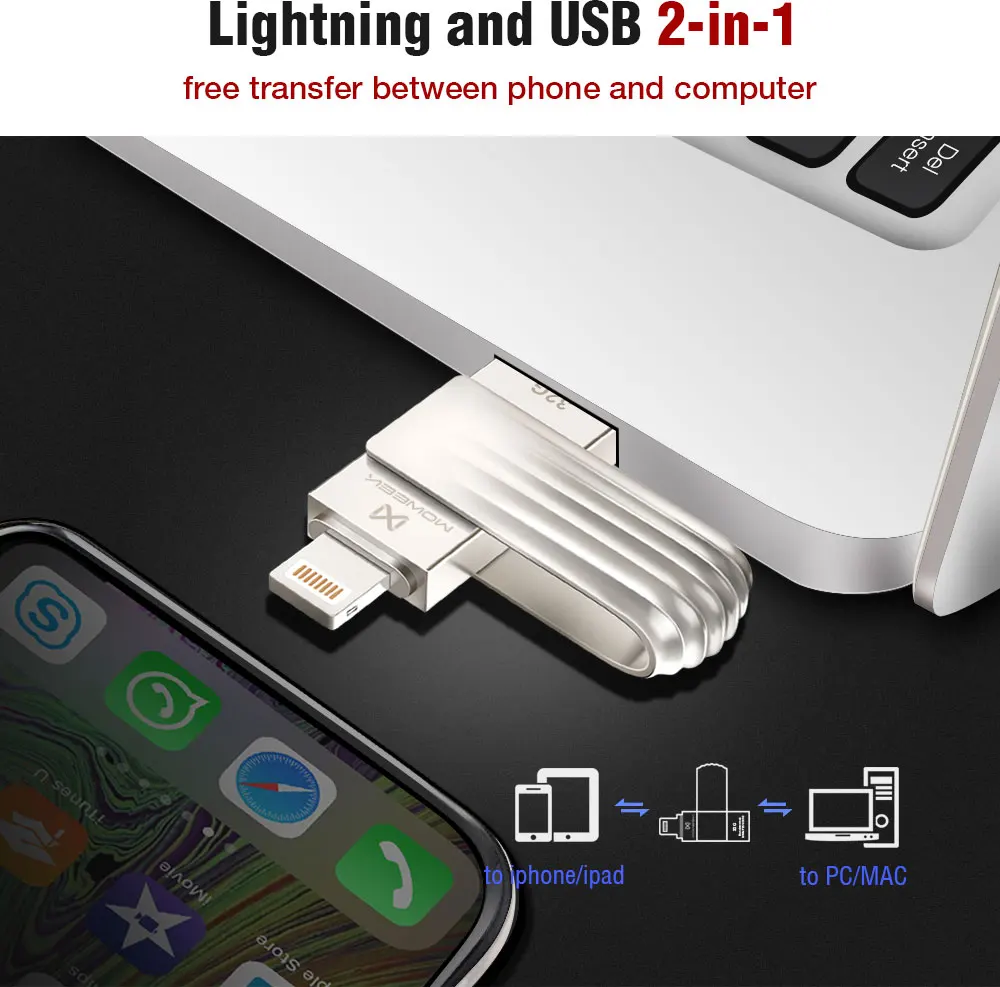 USB флеш-накопитель Moweek для iphone X, Xs, Max, 8, 7, 6, ipad, USB накопитель 256 ГБ, флешка 16 ГБ, 32 ГБ, 64 ГБ, 128 ГБ, флеш-диск USB 2,0, для iphone