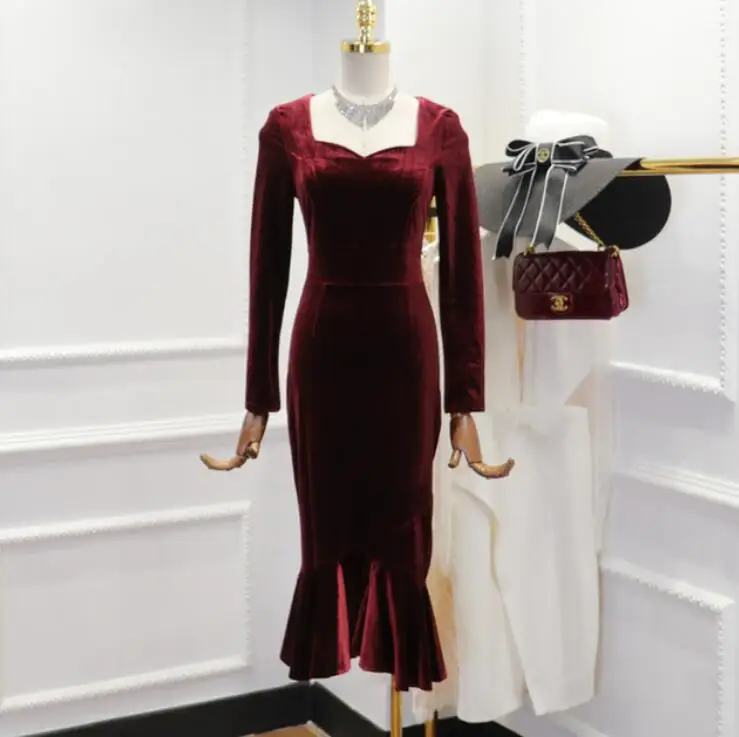 Зимние платья женские темпераментные U воротник пакет бедра вилка платье