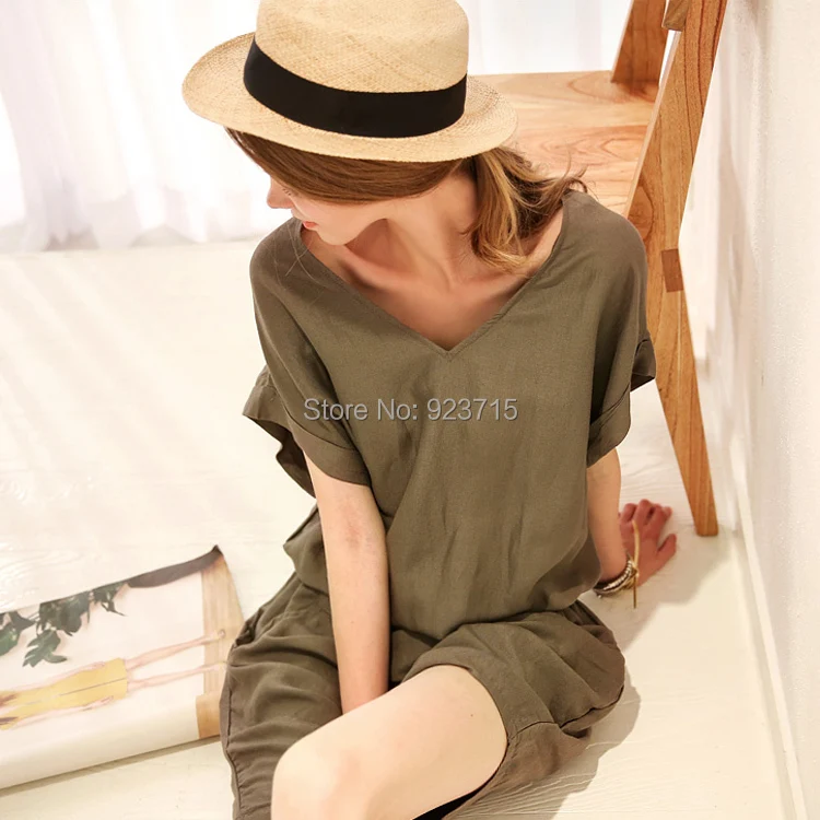 queen European linen dress summer women's casual style V -neck loose commoner was thin cotton drawstring | Женская одежда