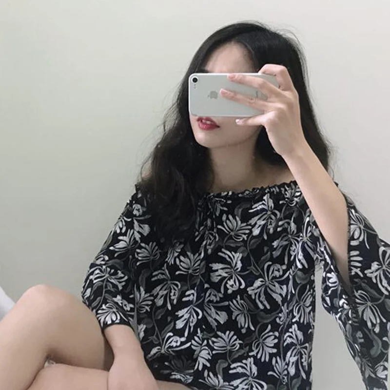 ladies tops autumn off shoulder blouse plus size blusas femininas elegante floral printing chiffon Flare Sleeve korean clothing |