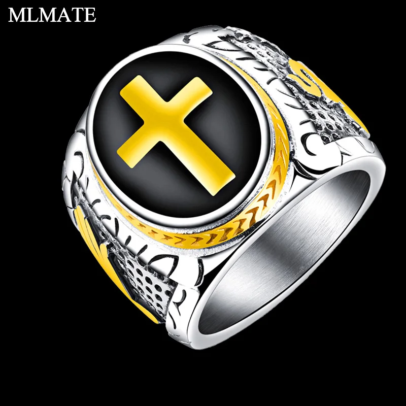 

Men Stainless Steel Ring Gold Color Christian Jesus Cross Unique Biker Rings