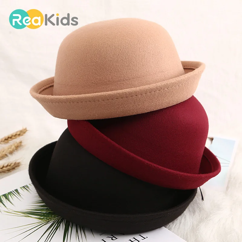 REAKIDS/Детские зимние классические винтажные теплые детские фетровые кепки в стиле джаз; повседневные хлопковые однотонные милые уличные шапки; маленькие шляпы