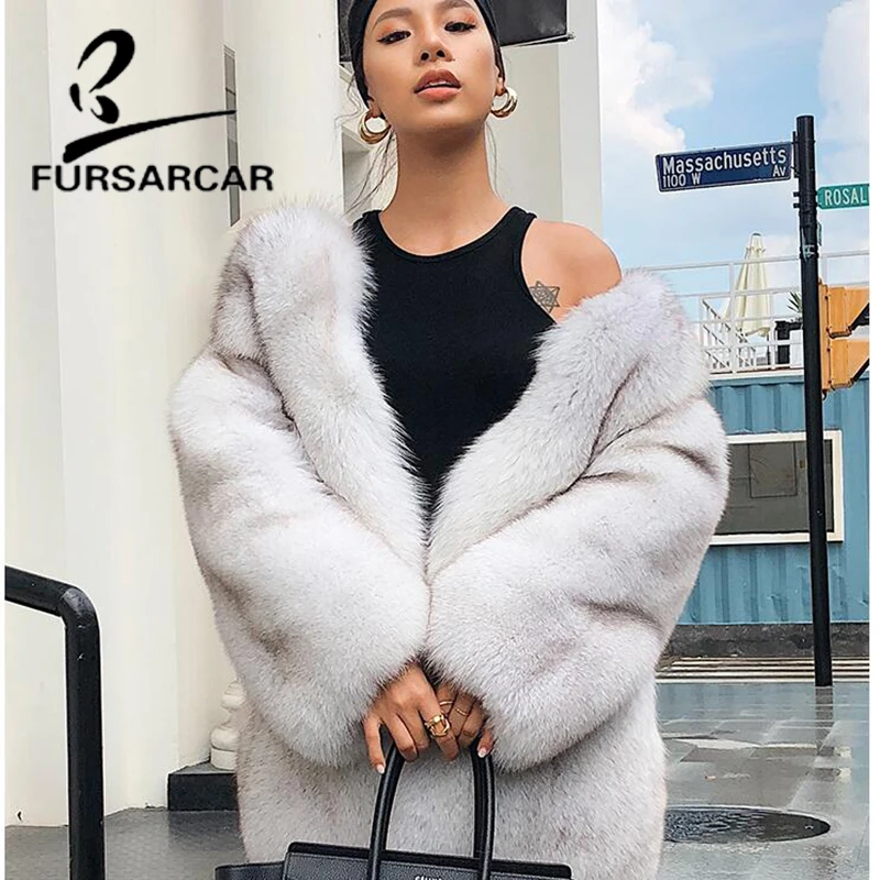 FURSARCAR 70 CM Length Real Fur Coat Women Fashion Style Luxury Whole Pelt Fox Fur Coat Natural Fox Fur Winter Warm Outerwear