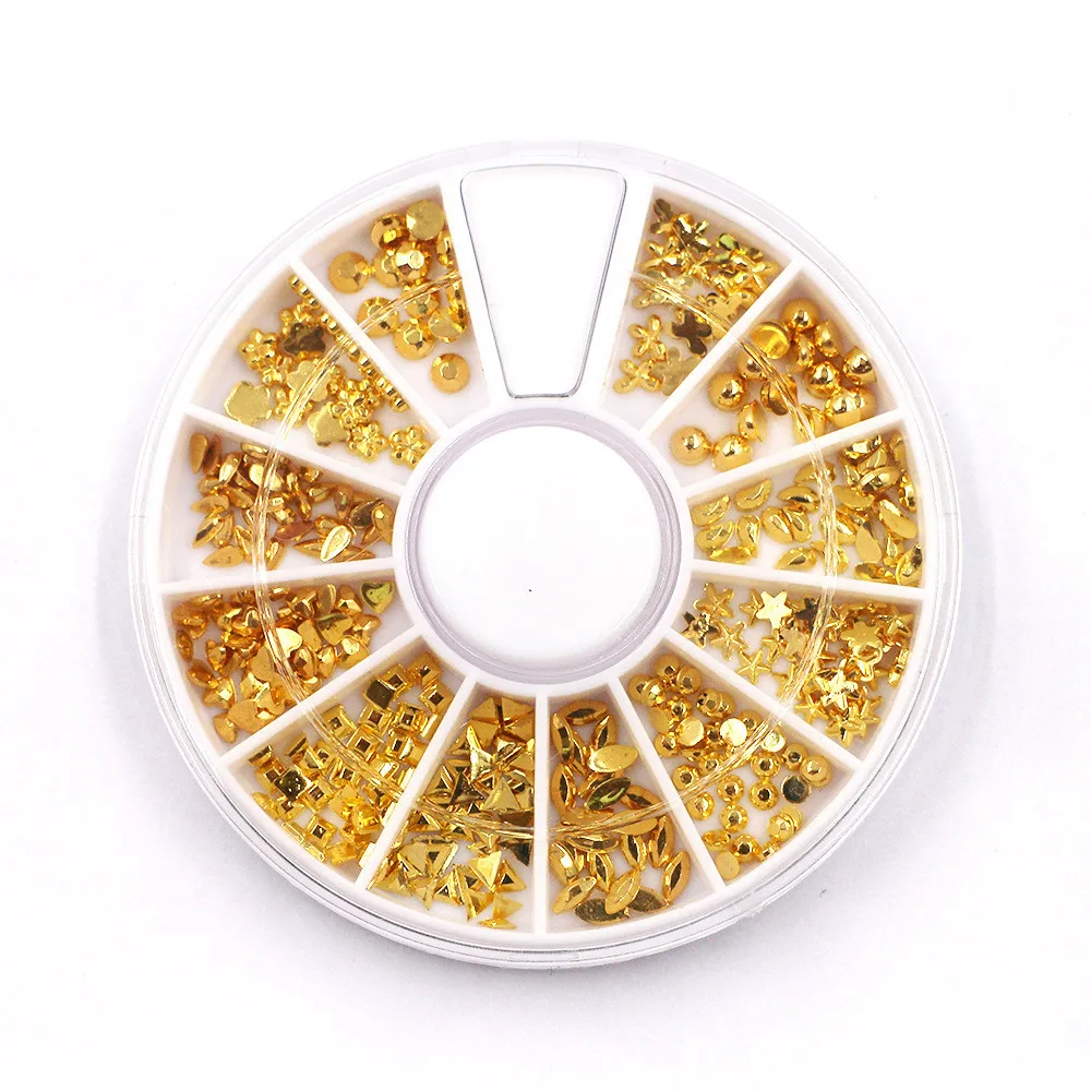 12 Patterns/Box 3D Gold Metallic Mix Multi-shaped Studs Frame Alloy Nail Art Gems Decoration Rhinestones Wheel DIY Tips | Красота и