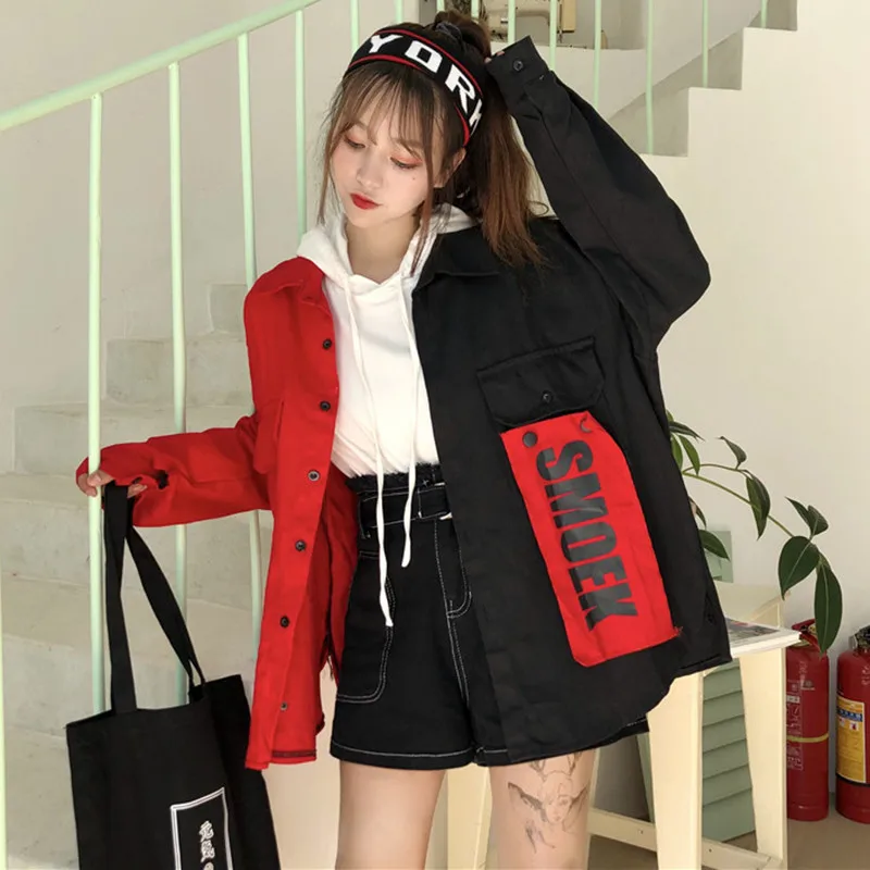 Harajuku джинсовая куртка женская 2019 корейский стиль лоскутные однобортные