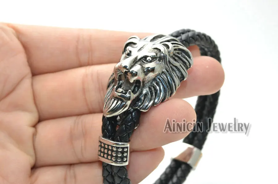Stainless Steel British Royal Lion Head Double Row Genuine Leather Bracelets Powerful Fashion Men's Bangle Gift 5pcs/lot | Украшения и