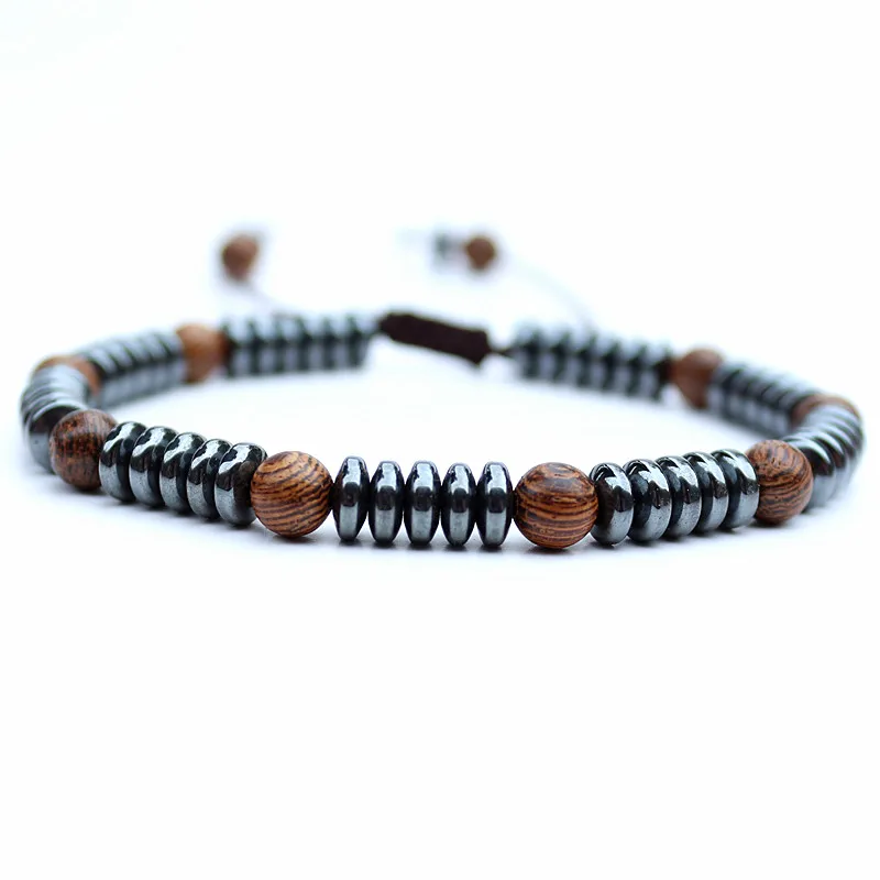 Мужской браслет ручной работы из гематита в форме диска дерева|Плетеные