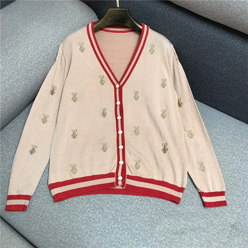 Luxury Designer Brand Knitted Cardigans for Women V Neck Bee Embroidery Bright Silk Thin Loose Sweater |