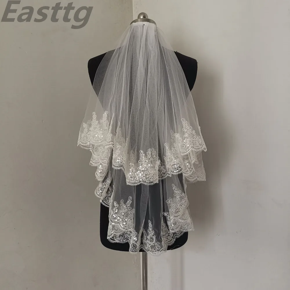 

Easttg White Ivory Fashion Two Layer Bridal Veil Tulle Wedding Veils With Comb Lace Edge Wedding Accessories Veu de Noiva