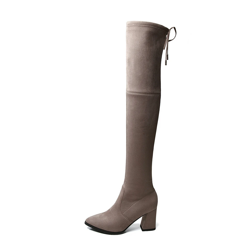 Milk brown 7cm EshtonShero/обувь женские сапоги выше колена, на низком квадратном каблуке, на молнии, с эластичной резинкой, зимние женские мотоциклетные сапоги Размер 3-12 - Цвет: Milk brown 7cm