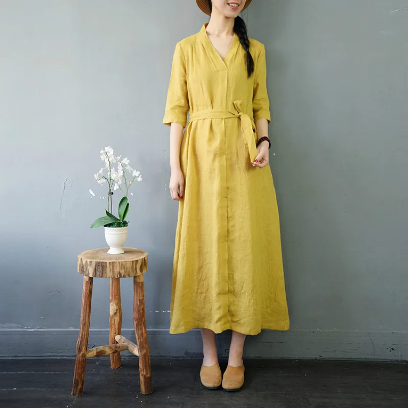 Summer Dress 2019 Elegant Women Deep V Neck Fashion With Sashes Loose Vintage Linen Maxi Spliced Fixed Button Pocket | Женская одежда