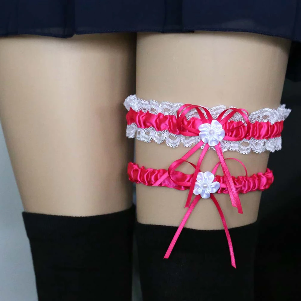 Rose Red 2 шт. Модные подвязки для ног, сексуальные женские подвязки, Дамское свадебное белье, для свадебной вечеринки, для костюмированной вечеринки, кружевные подвязки для ног с бантом, пояс для чулок - Цвет: Rose Red