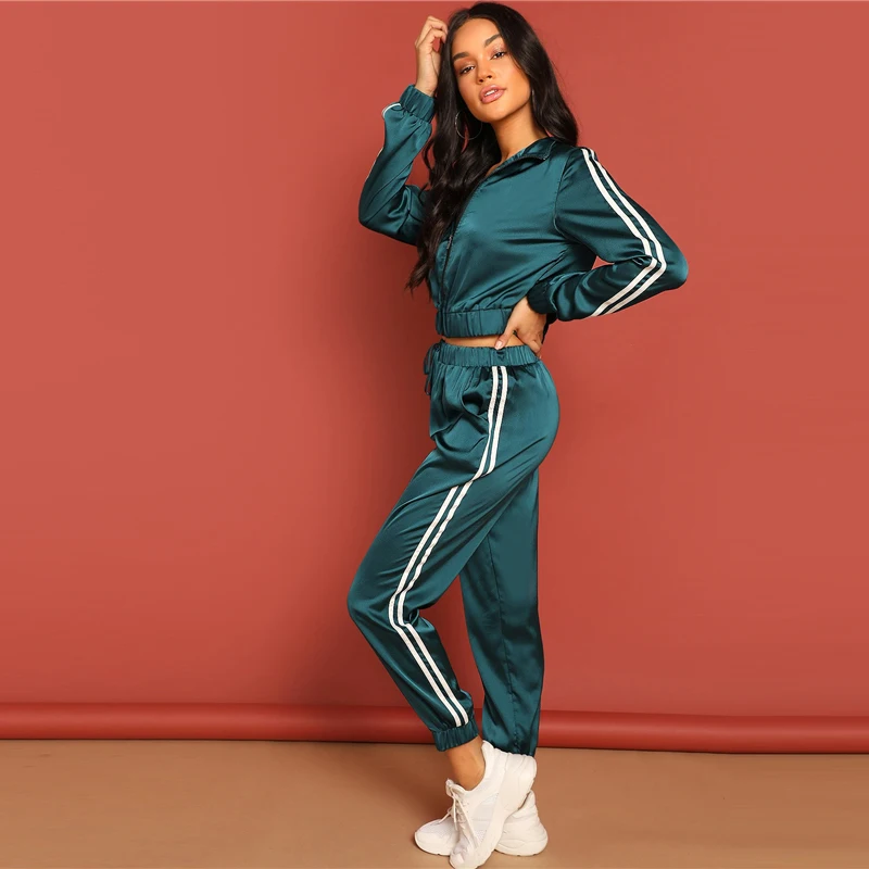 SweatyRocks зеленый на молнии полосатая лента куртка и шнурок брюки спортивный костюм для женщин атласная уличная Весенняя Повседневная комплект из двух предметов