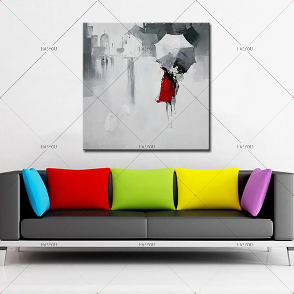 Walk girl in red umbrella картина с дождем маслом на холсте украшение для дома гостиной или