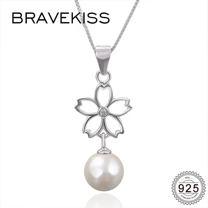 BRAVEKISS Romantic Hollow Flower Pearl Pedant Necklaces 925 Sterling Silver Necklace Freshwater Round Big Jewelry BLN0422 | Украшения и