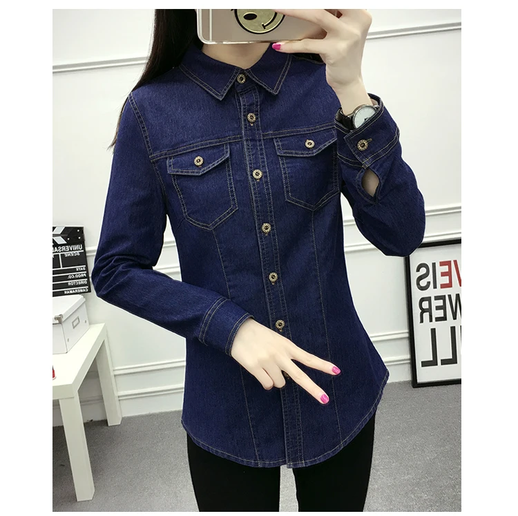 Fashion Spring Autumn women cotton pocket Turn-down Collar full-sleeve blouse Single Breasted blue Denim shirt casual tops