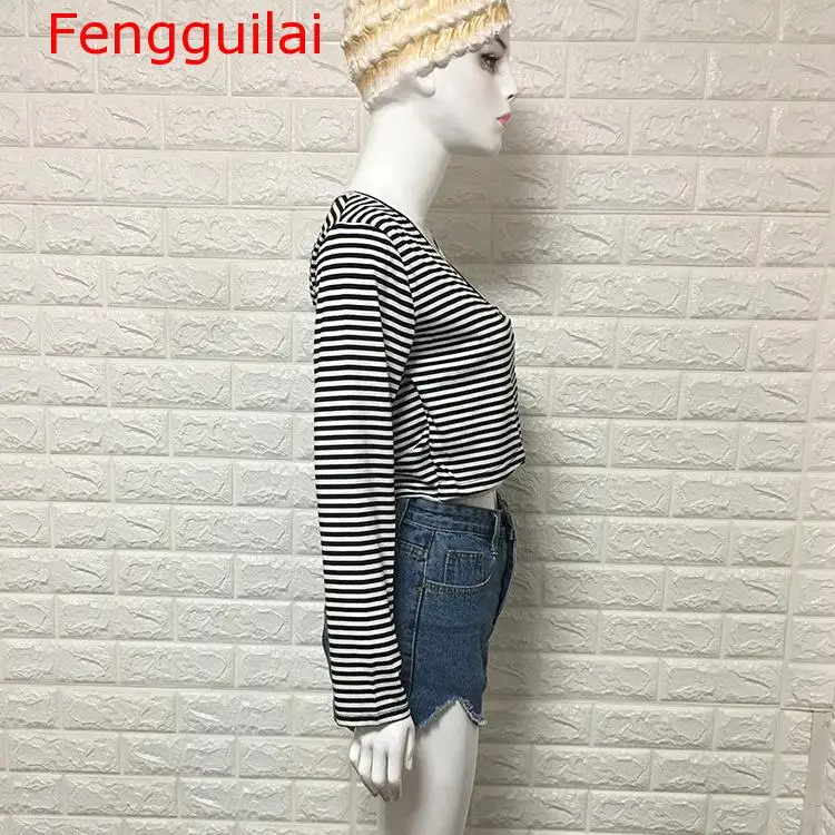 Женский короткий топ Fengguilai черно-белая футболка в полоску с v-образным вырезом и