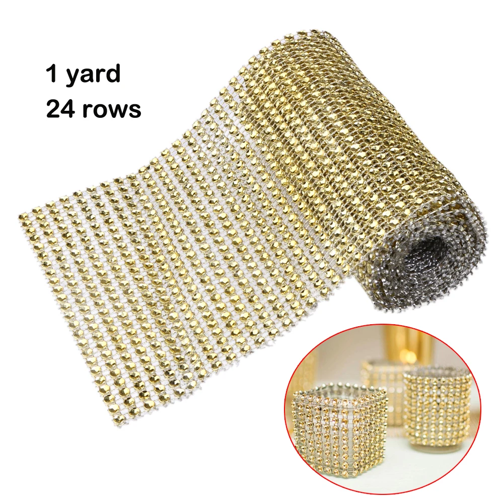 24 rows Gold 1 ярд, 8/24 строк, Золотая, серебряная, кристальная, бриллиантовая сетка, стразы, лента для свадебной вечеринки, Подарочная ваза, цветочное украшение, товары для декора - Цвет: 24 rows Gold