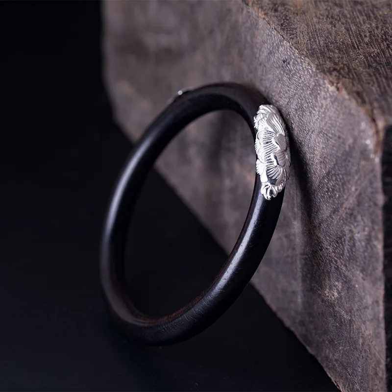 Amxiu Vintage 925 Sterling Silver Bangle Natural Black Ebony Bangles Handmade Bracelets For Women Men Gift Accessories | Украшения и