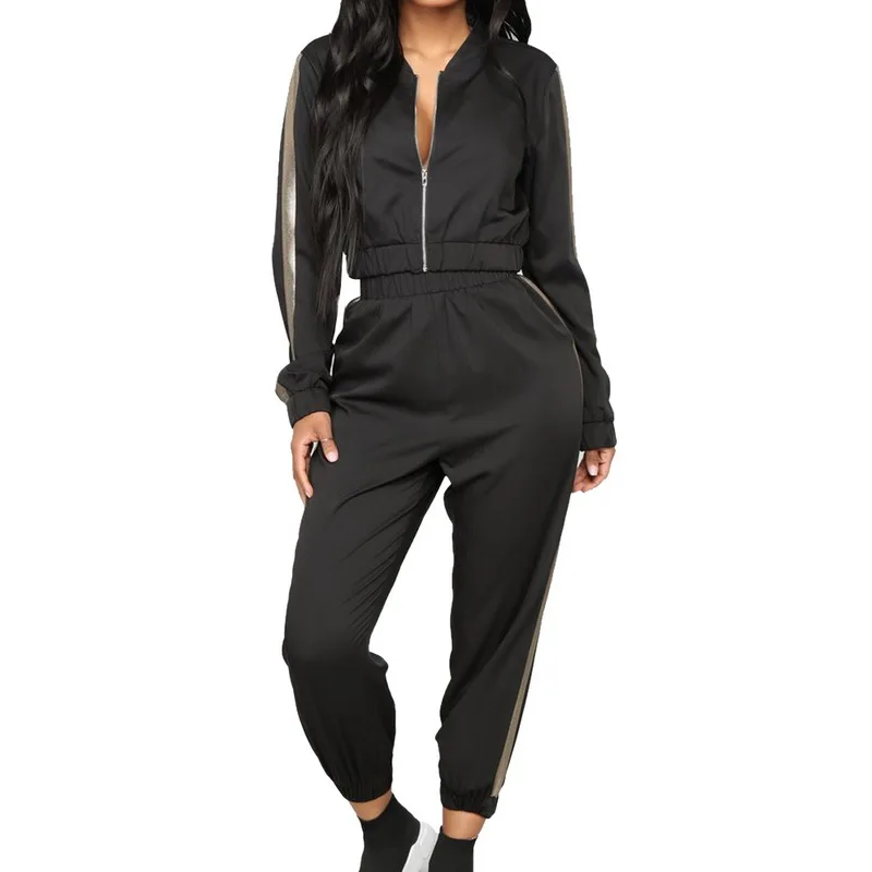 Style1-Black Женский спортивный костюм,, повседневный спортивный костюм, пэчворк, 2 шт, набор для бега, полосатые штаны на молнии, топ, комплекты для йоги, толстовка, одежда для спортзала - Цвет: Style1-Black