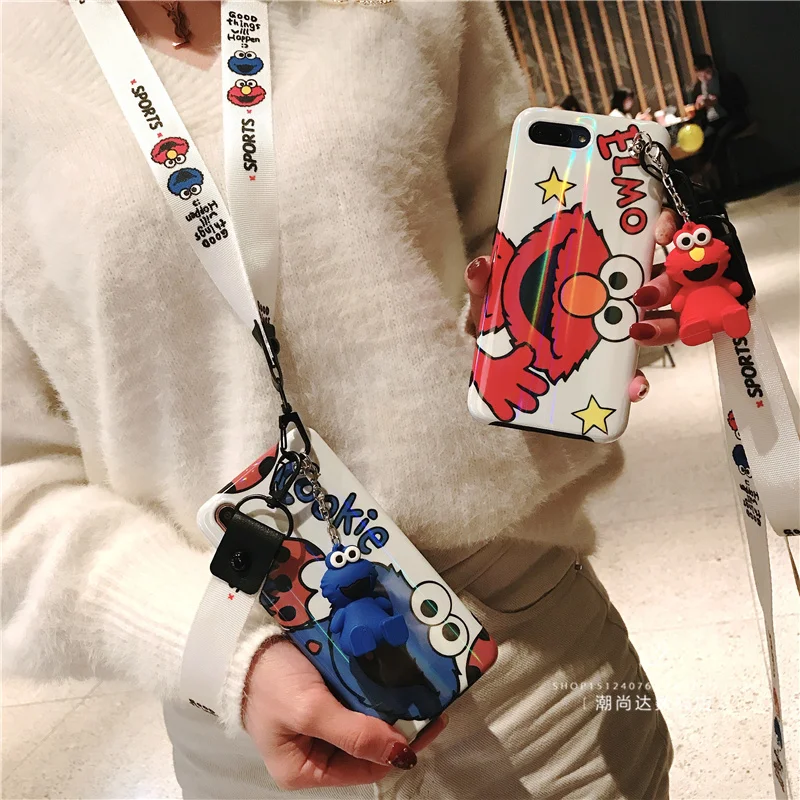 Sam S9 plus Cookie Case, Cute Sesame Street cover For Samsung Galaxy S10 lite S8 S8plus Note 8 note9 Cartoon Shell case+ strap