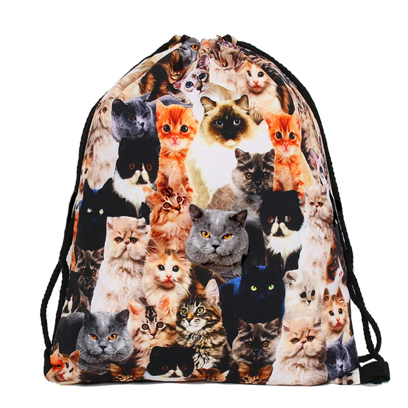 JLIDA животные Кошка 3D печать Drawstring Спортивный Рюкзак для девочек Органайзер