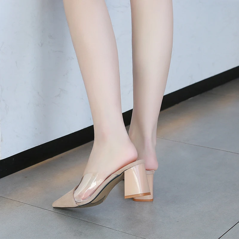 Women Summer High Heels Mules Slippers Ladies Pointed Toe Transparent Outside Shoes Woman Fashion slippers f517 | Обувь