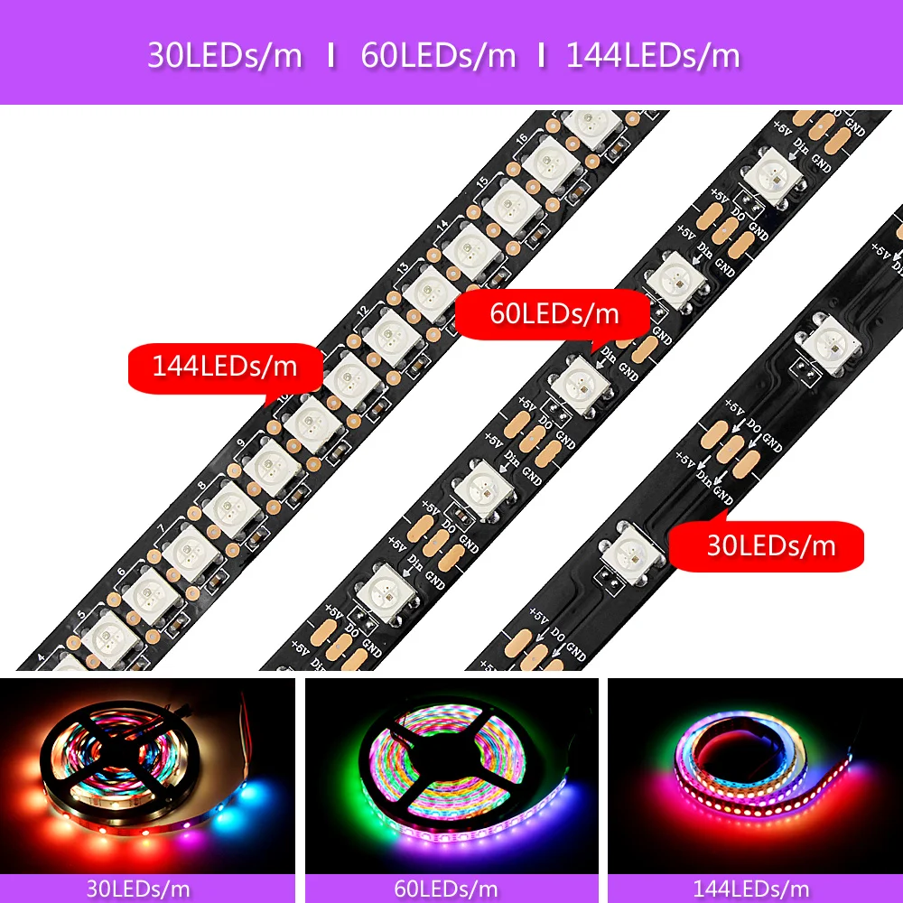Фото 5 В WS2812b светодиодные полосы ws2812 30 60 144 led/m адресно rgb led подобные с sk6812 pixel 5 В WS2812b светодиодные полосы ws2812 30 60 144 led/m адресно rgb led подобные с sk6812 pixel