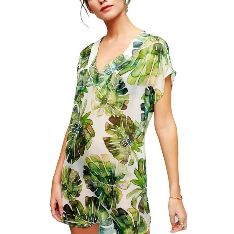 Женское летнее шифоновое ассиметричное купальное платье с глубоким v образным