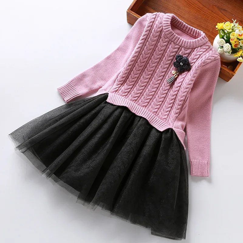 Winter Dresses For Kids Girls Long Sleeve Knitted Sweater Pullover + Voilce Tutu Dress Children Girl SY | Детская одежда и обувь