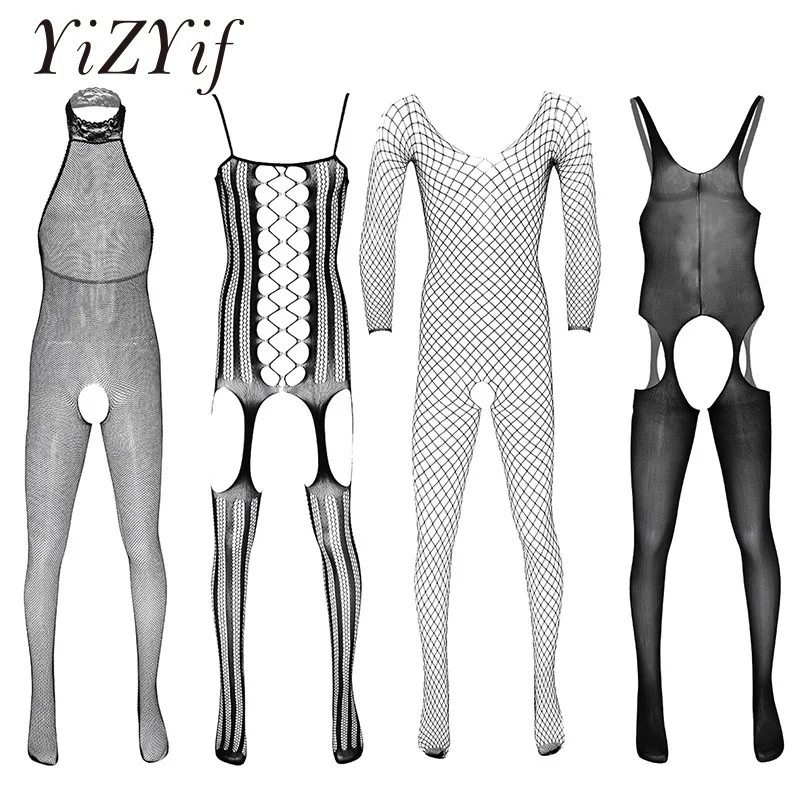 

Full Body Stocking Sheer fishnet lingerie Men See Through Halter Neck/Long Sleeves/Hollow Out/Crotchless Stretchy Pantyhose Men