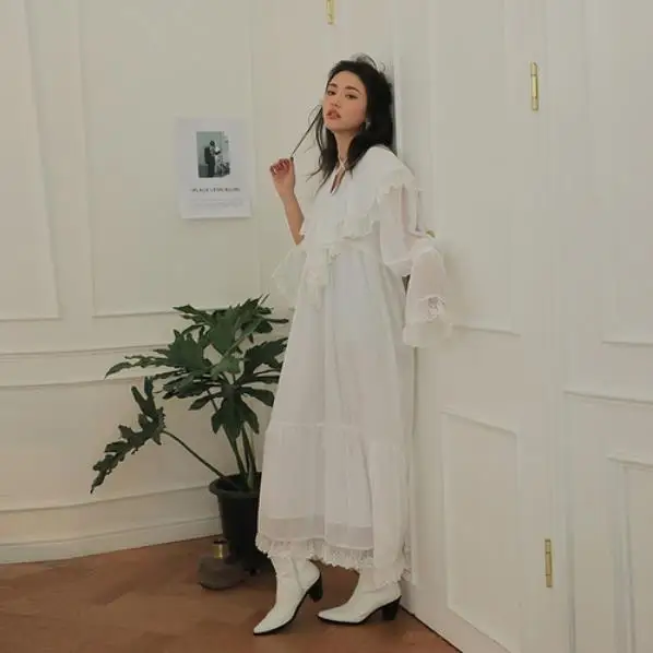 Korean Hot Solid Elegant Dress Women Aestheticism Loose Sweet Lace 2019 Spring Autumn Vintage Slim Preppy Style LM107 | Женская одежда