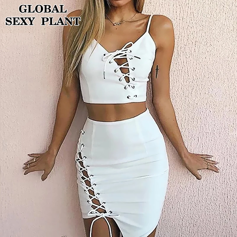 Summer Two Piece Sexy Bandage Dress Women V-Neck Hollow Out Bodycon Party Elegant Split Lace Up Ladies Vestidos Z406 | Женская одежда